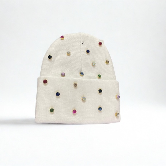 Custom Bedazzled White Unisex Beanie – Hand-Sewn Colorful Rhinestones - Picture 3 of 6